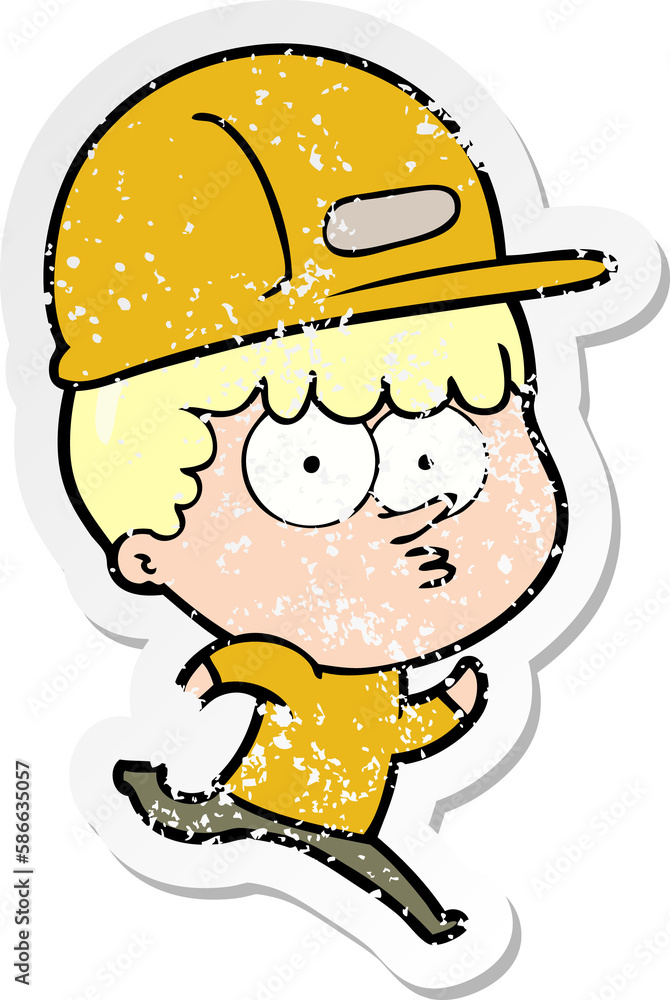 distressed sticker of a cartoon man in builders hat running distressed sticker of a cartoon man in builders hat running