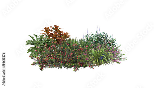 A small garden with many flowers and plants on a transparent background.