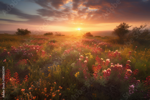 Sunrise over a vast, sprawling field of wildflowers © thejokercze