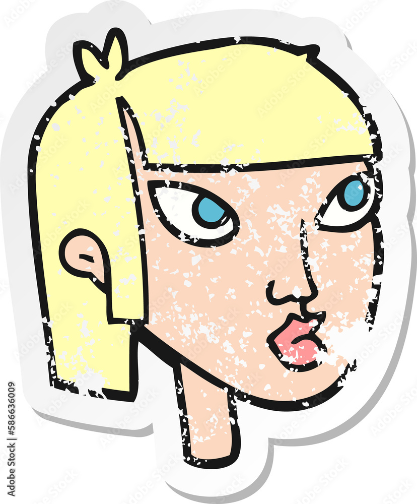 retro distressed sticker of a cartoon female face retro distressed sticker of a cartoon female face