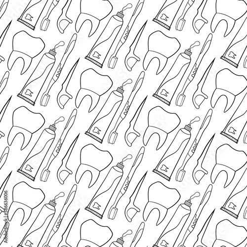 seamless pattern with dental pattern, toothbrush, implant, tooth bracket, paste, dentist tools outline icons- vector illustration