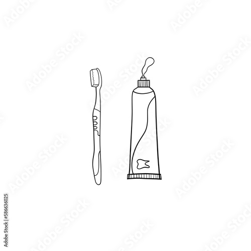 Vector illustration. Dentist's tools. Black outline on a white background. Toothpaste and toothbrush.