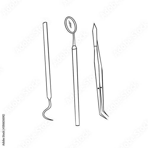 Vector illustration. Dentist's tools. Black outline on a white background. 