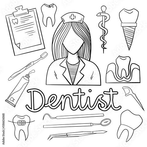 set of hand drawn illustrations Vector illustration. Dentist tools set, toothbrush, implant, dental braces, paste, dentist tools outline icons - vector illustration