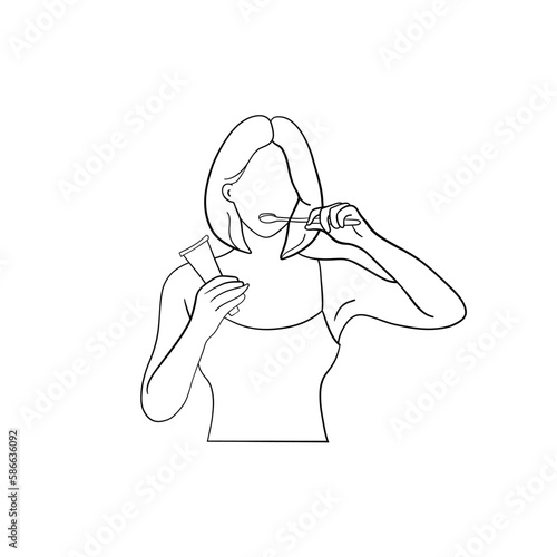 Vector illustration. Dentist's tools. Black outline on a white background. The girl brushes her teeth. Illustration for your design