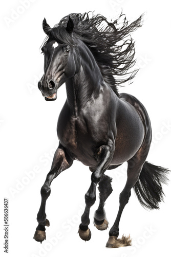 an equestrian-themed photographic illustration of a black stallion horse rearing and running on a transparent background in PNG. T-shirt design. Generative AI