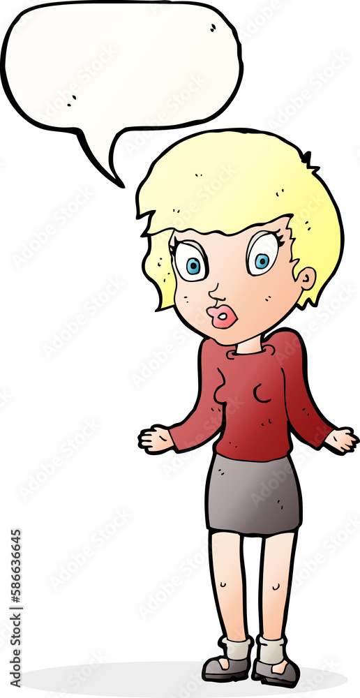 cartoon woman shrugging shoulders with speech bubble cartoon woman shrugging shoulders with speech bubble