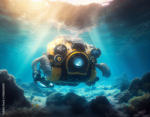 Robot swimming in the sea.Generative Ai