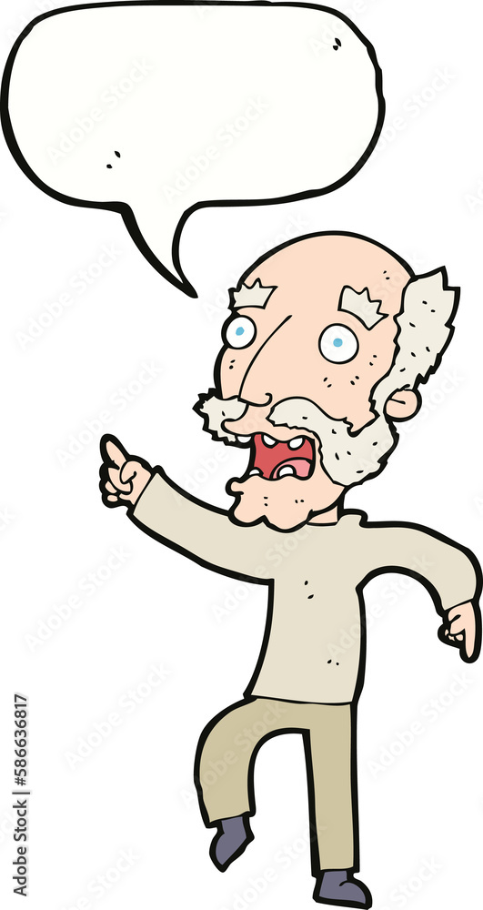 cartoon frightened old man with speech bubble