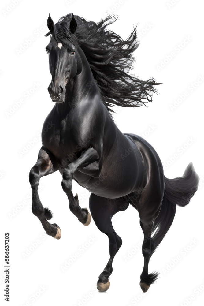 Obraz premium an equestrian-themed photographic illustration of a black stallion horse rearing and running on a transparent background in PNG. T-shirt design. Generative AI