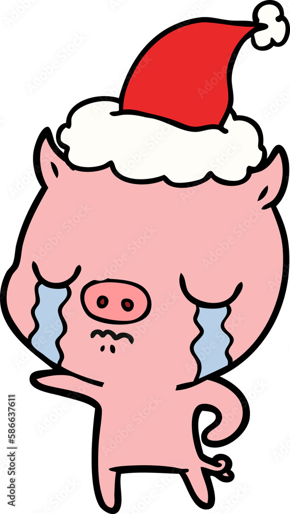 line drawing of a pig crying wearing santa hat line drawing of a pig crying wearing santa hat