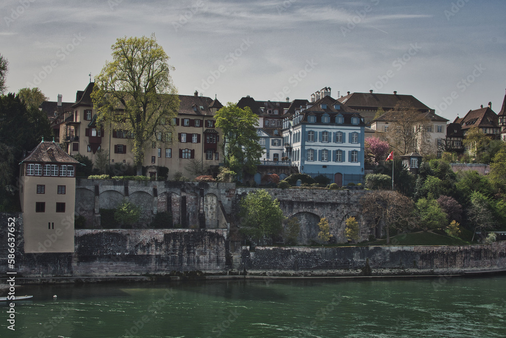 ﻿Beautiful architecture of Basel, Switzerland, at the River Rhine on a sunny day