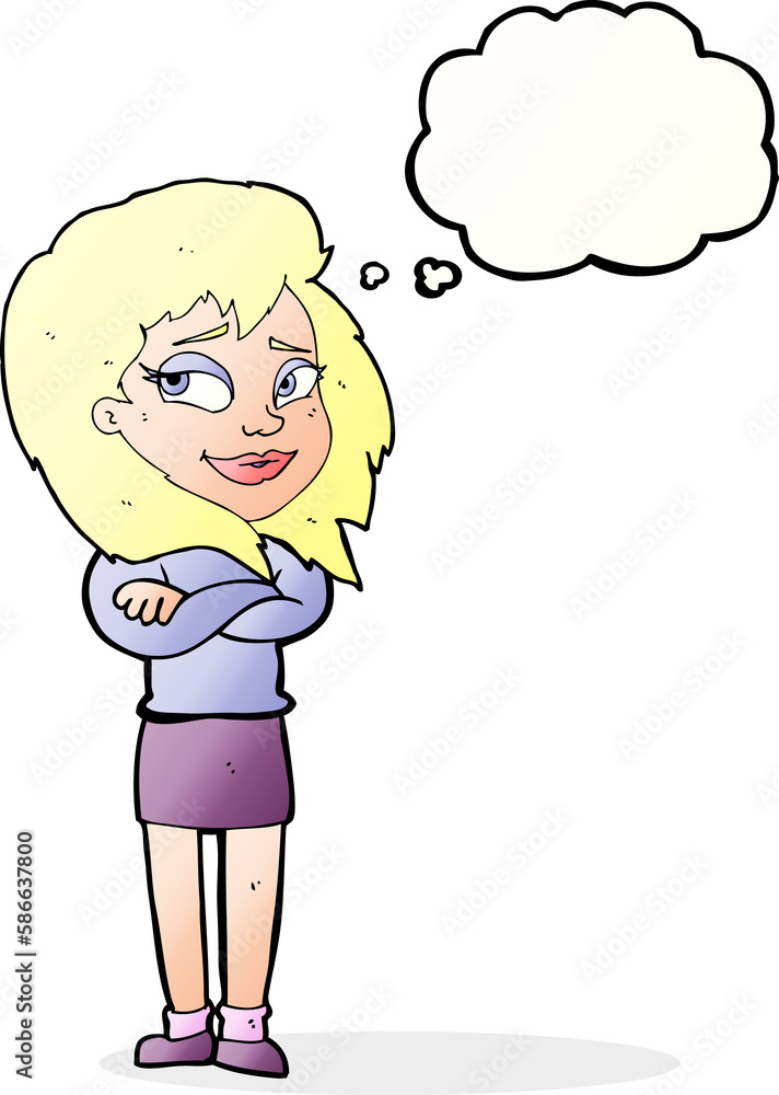 cartoon woman with crossed arms with thought bubble cartoon woman with crossed arms with thought bubble