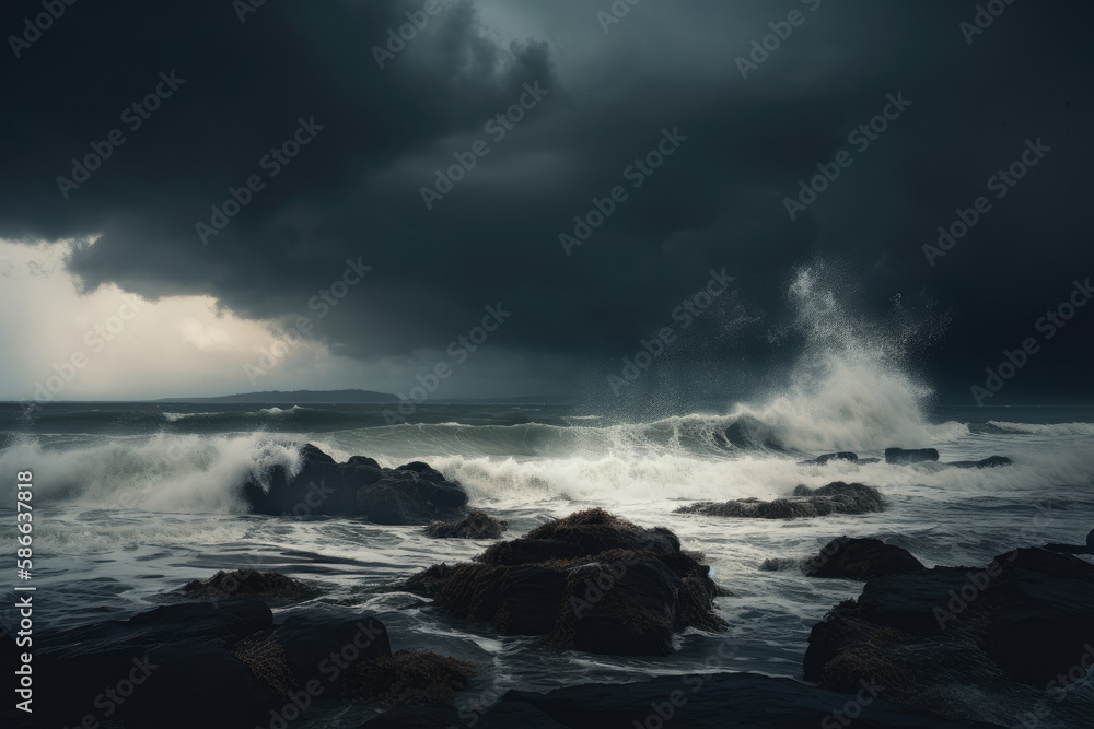 Stormy sea, with dark clouds overhead and waves crashing against the shore Stormy sea, with dark clouds overhead and waves crashing against the shore