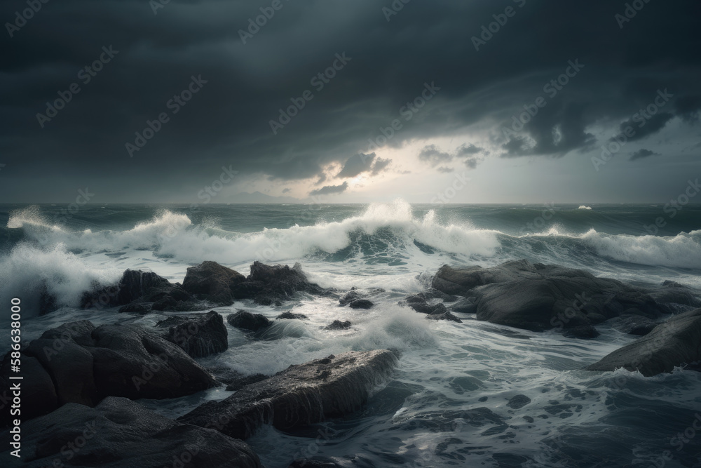 Stormy sea, with dark clouds overhead and waves crashing against the shore
