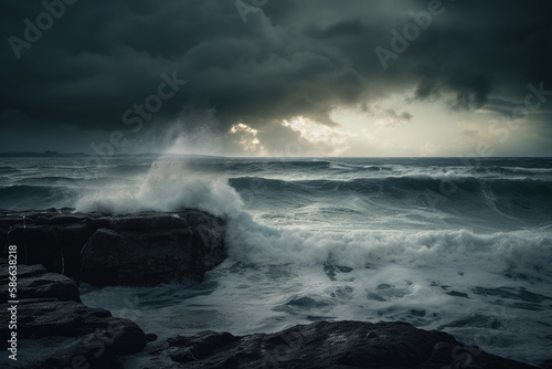 Stormy sea  with dark clouds overhead and waves crashing against the shore