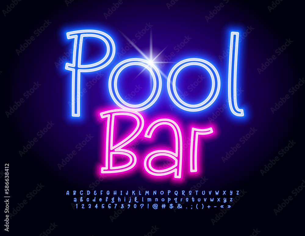 Vector artistic logo Pool Bar. Neon handwritten Font. Blue electric Alphabet Letters, Numbers and Symbols set Vector artistic logo Pool Bar. Neon handwritten Font. Blue electric Alphabet Letters, Numbers and Symbols set