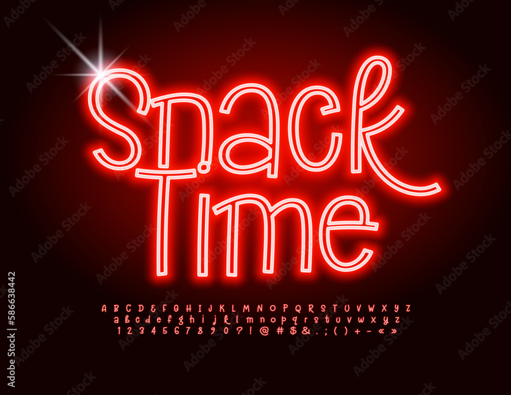 Vector neon poster Snack Time. Bright glowing Font. Creative Alphabet Letters and Numbers set