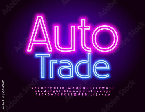 Vector neon sign Auto Trade. Bright neon Font. Glowing Alphabet Letters and Numbers set