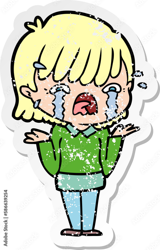 distressed sticker of a cartoon girl crying distressed sticker of a cartoon girl crying