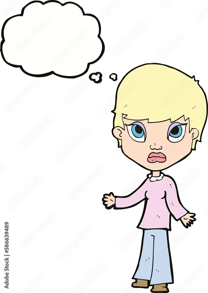 cartoon woman shrugging shoulders with thought bubble cartoon woman shrugging shoulders with thought bubble