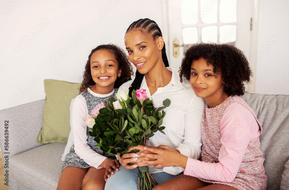 Black Girls Giving Flowers To Mommy Congratulating Her Sitting Indoors Black Girls Giving Flowers To Mommy Congratulating Her Sitting Indoors
