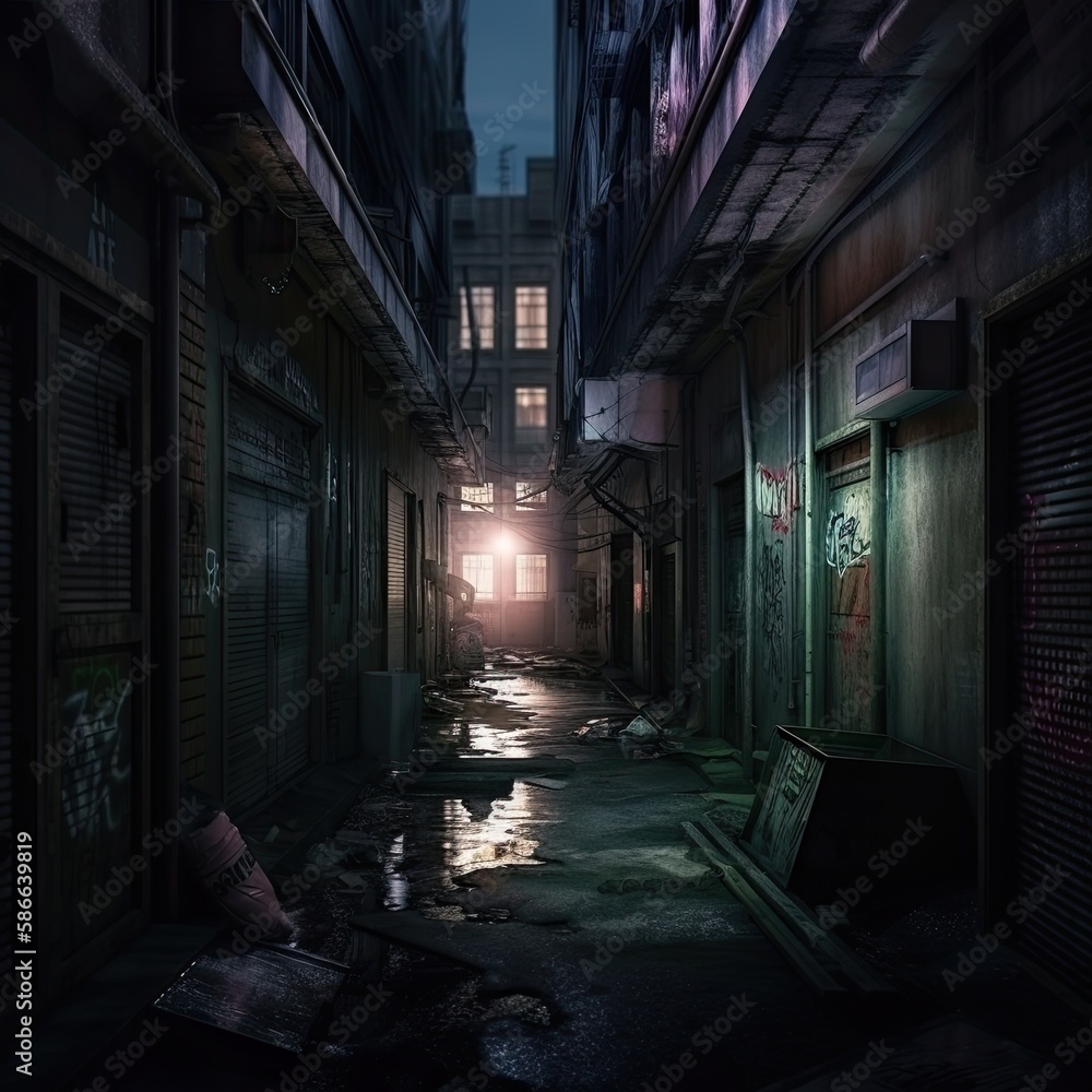 An Ancient, Dark & Dirty Urban Alleyway at Night: Explore its Abandoned Buildings & Walls of Light, Generative AI