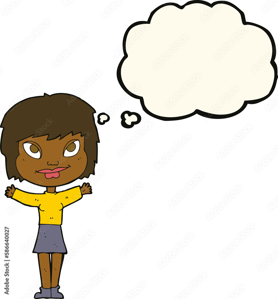 cartoon woman waving arms with thought bubble cartoon woman waving arms with thought bubble