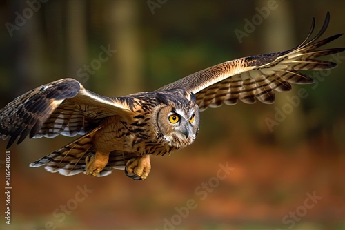Majestic Hunter in Flight: A Wild Eurasian Eagle Owl with its Feathery Brown Wings. Generative AI