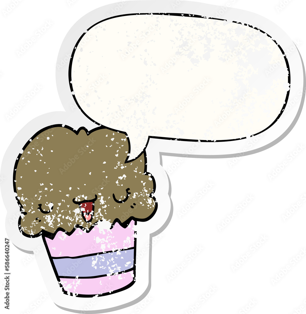cartoon cupcake and face and speech bubble distressed sticker cartoon cupcake and face and speech bubble distressed sticker