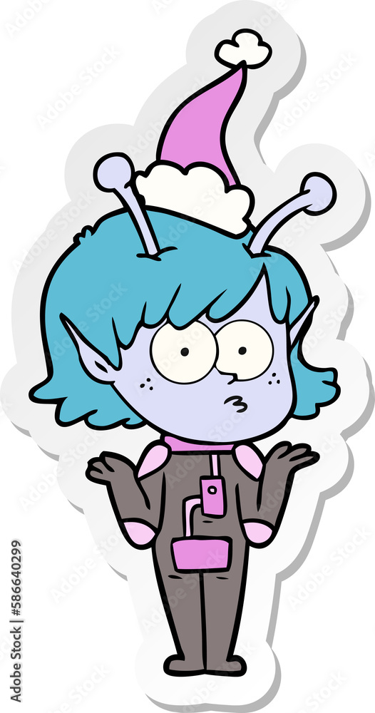 sticker cartoon of a alien girl wearing santa hat sticker cartoon of a alien girl wearing santa hat