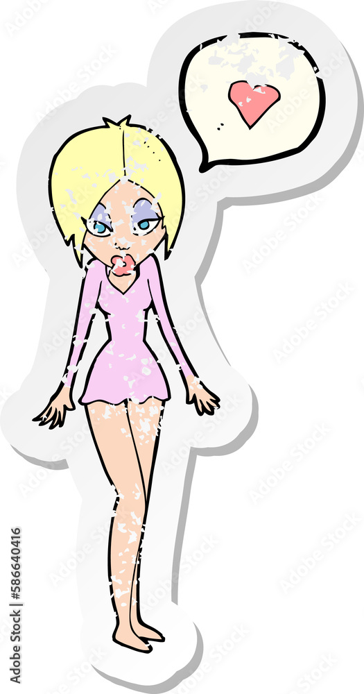 retro distressed sticker of a cartoon woman with love heart retro distressed sticker of a cartoon woman with love heart