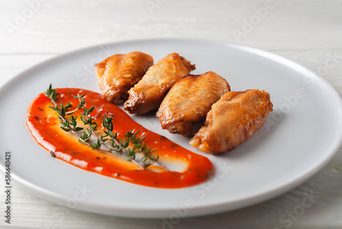 Grilled spicy chicken wings with ketchup on a plate on a white background.