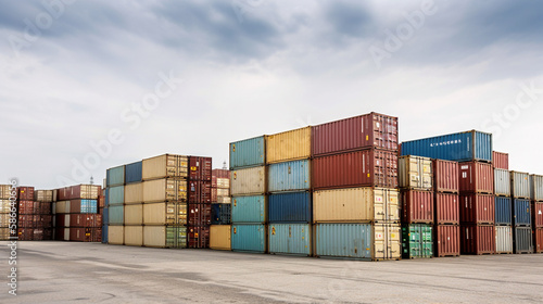 Stack of containers cargo ship in harbor port, international global shipping, business commercial dock and transportation. Generative AI
