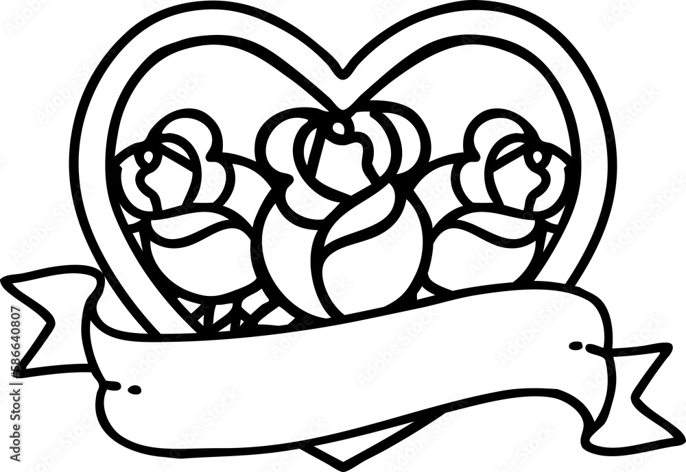 Obraz premium black line tattoo of a heart and banner with flowers