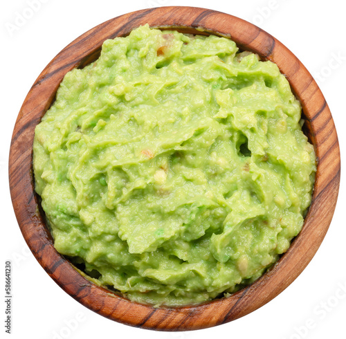 Guacamole bowl on white background. Top view. File contains clipping path.