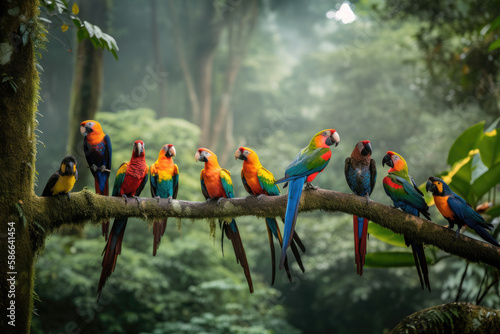 Group of parrots sitting on the tree branch in the jungle photo