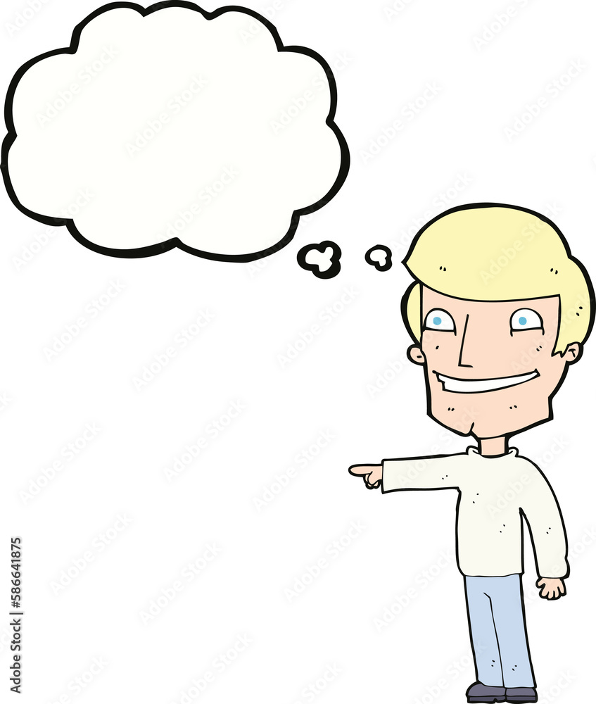 cartoon happy man pointing with thought bubble cartoon happy man pointing with thought bubble