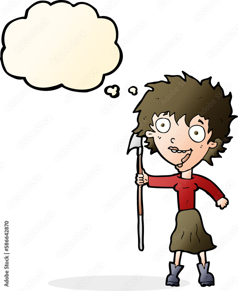 cartoon crazy woman with spear with thought bubble cartoon crazy woman with spear with thought bubble