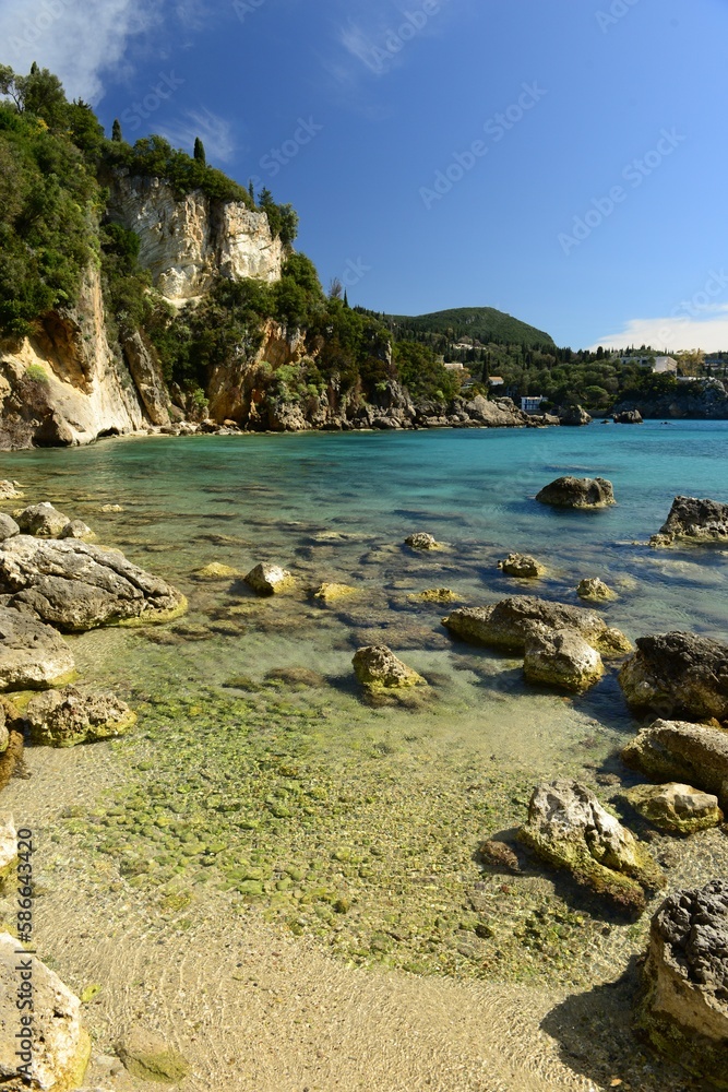 Paleonkastritsa bay, Corfu island, Greece- Alipa beach and port in Spring.