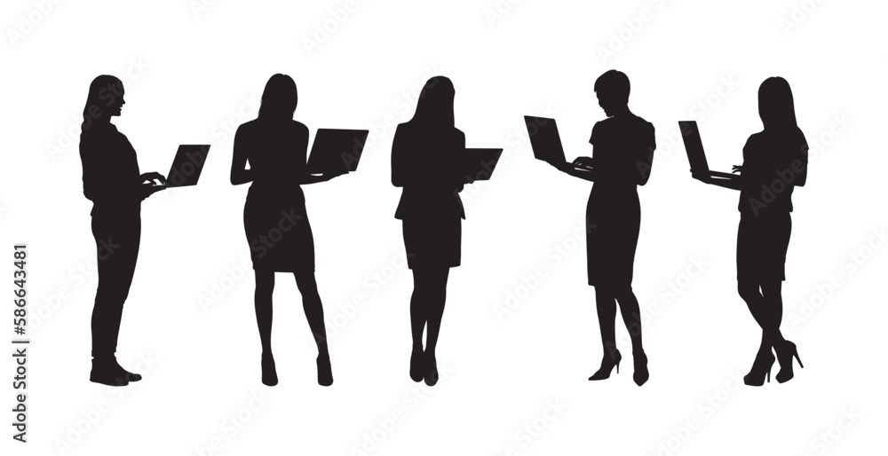 Business woman group using laptop standing pose silhouette set.