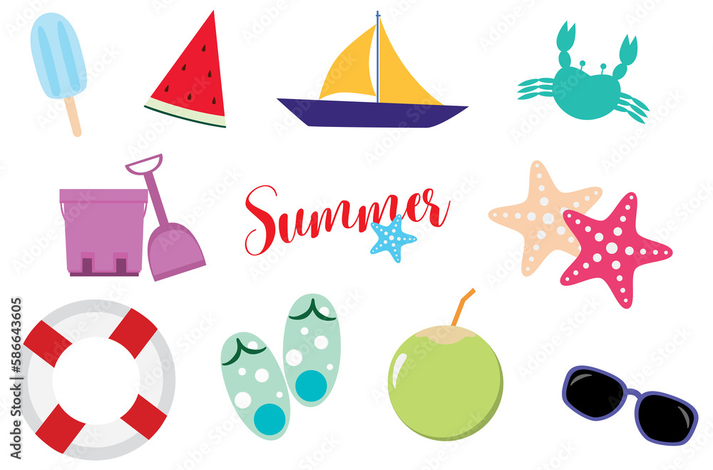Summer elements, ice-cream, watermelon, boat, crab, tank and shovel, star fishes, swim ring, flipflop, coconut, and sunglasses, graphic design on white background.