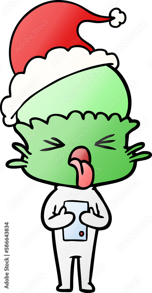 Naklejka premium disgusted gradient cartoon of a alien wearing santa hat