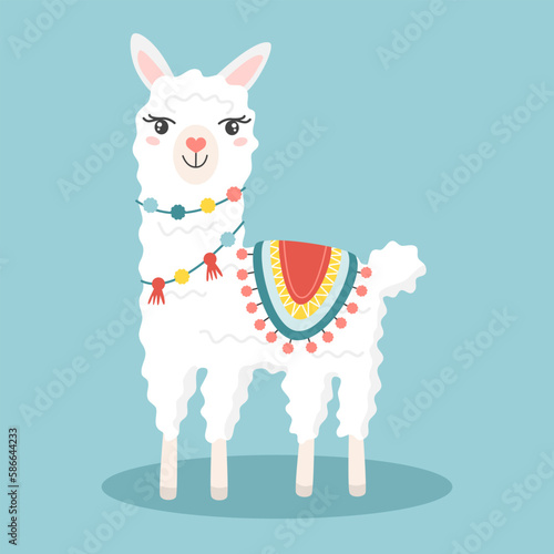 Cute cartoon llama wearing knitted blanket