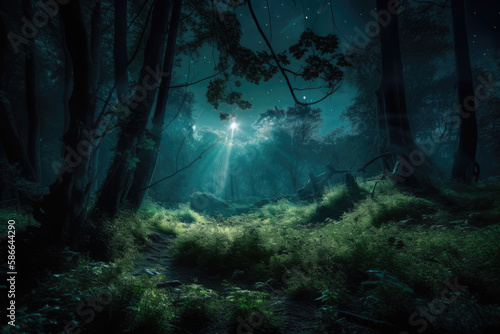 A mystical forest at night, illuminated by the light of a full moon