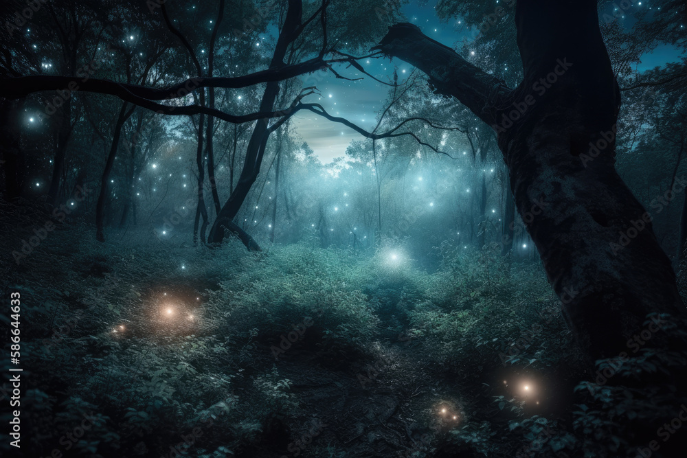 A mystical forest at night, illuminated by the glow of fireflies created with AI A mystical forest at night, illuminated by the glow of fireflies created with AI