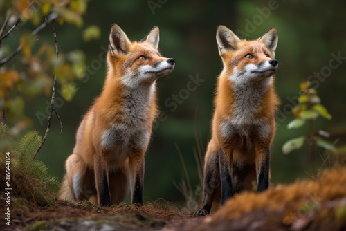 A pair of curious foxes investigating their surroundings created with AI © thejokercze