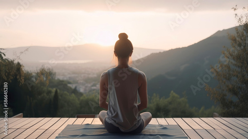 Young woman meditating on the top of mountain. Generative AI