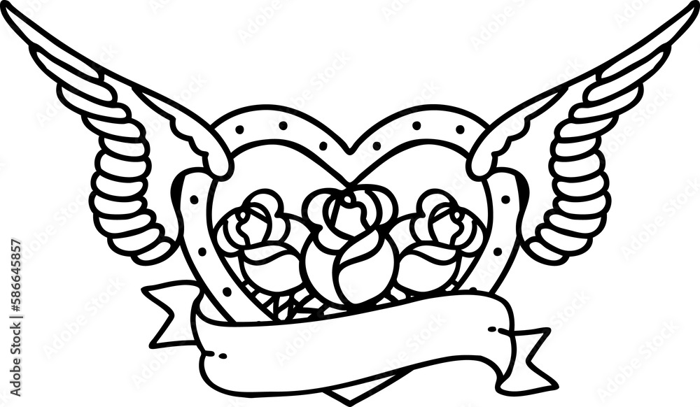 black line tattoo of a flying heart with flowers and banner black line tattoo of a flying heart with flowers and banner