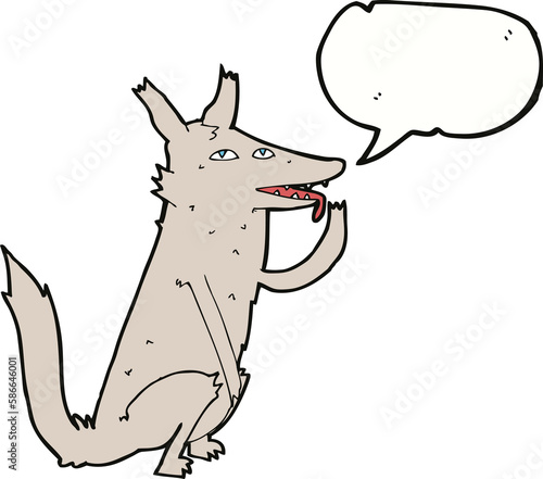 cartoon wolf licking paw with speech bubble